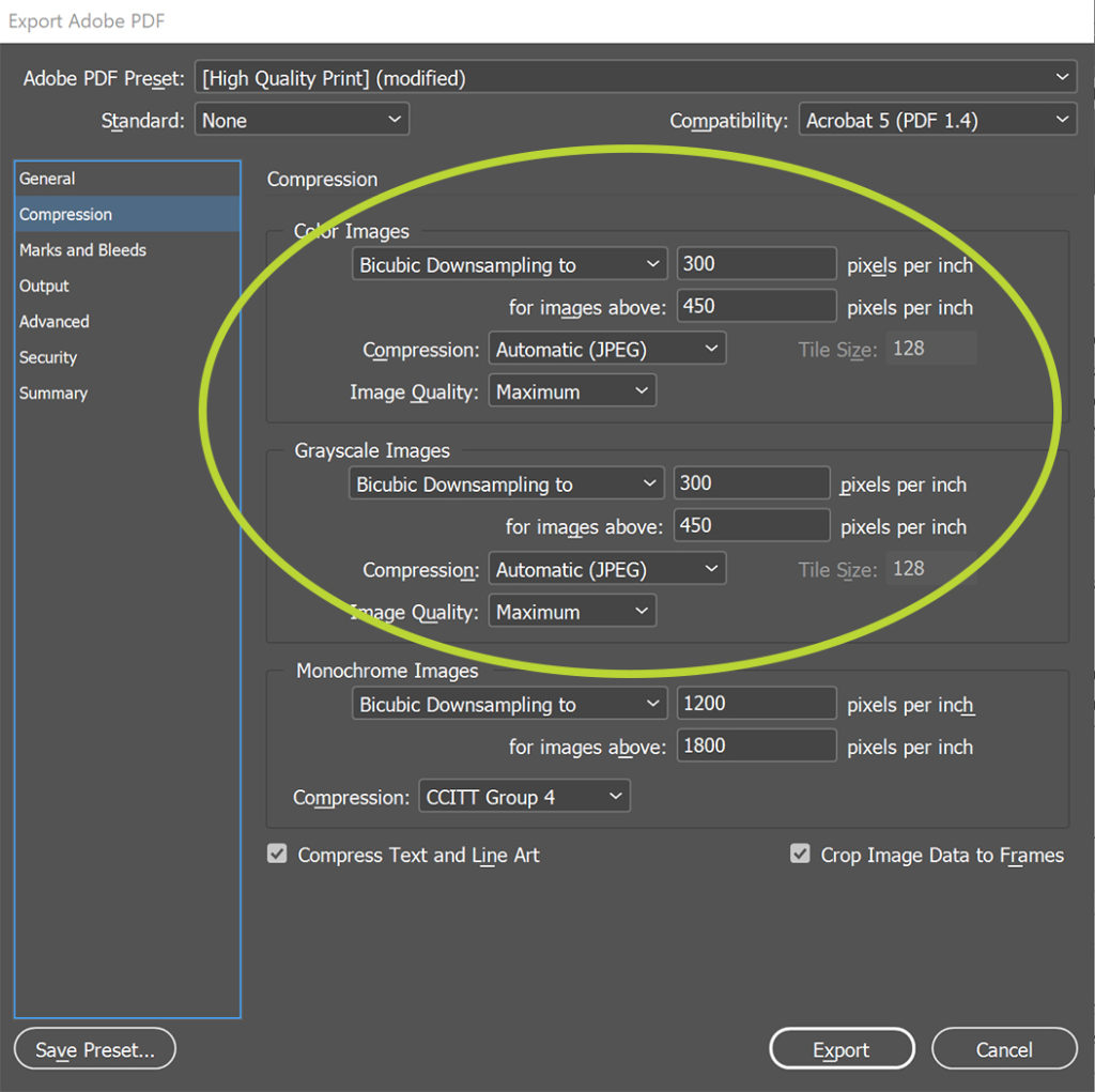 InDesign's Export Adobe PDF panel: In the compression settings, you can downsample your color and grayscale images to 300 ppi (but don't go any lower than that).