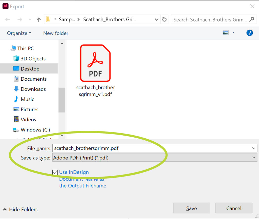 The first Export options panel. Select your file name. The Save as type should be set to Adobe PDF (Print).