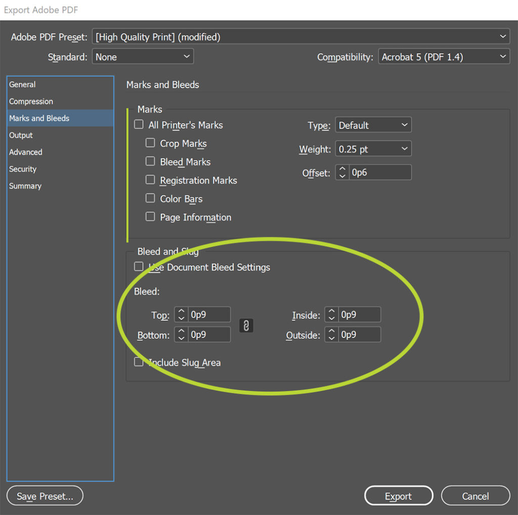 InDesign's Export Adobe PDF options: In the marks and bleeds settings, uncheck all the marks and make sure the bleed is set for 9 points (or 0.125 inches) on all sides.