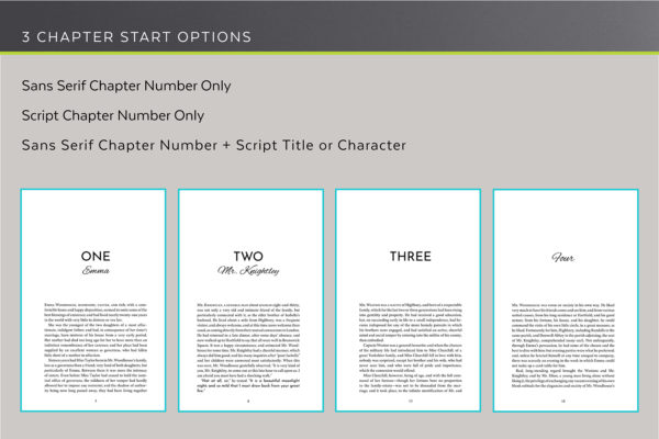Meet Cute, Self-publishing Book Design Template for Contemporary Romance - three chapter start options.
