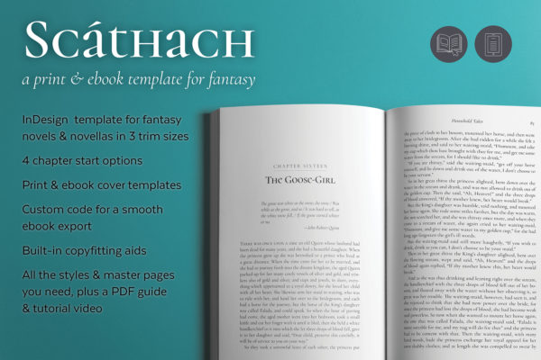 Scáthach, Self-publishing Print and Ebook Design Template for Fantasy Novels and Novellas. Available in 3 trim sizes.