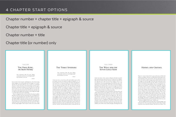 Scáthach, Self-publishing Book Design Template for Fantasy - four chapter start options.