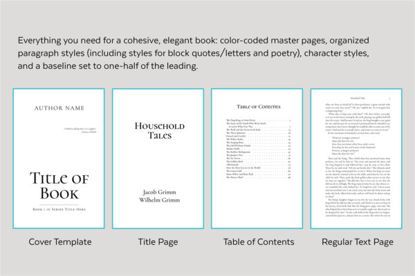 Scáthach, Self-publishing Book Design Template for Fantasy - cover template, title page, table of contents, and text page.