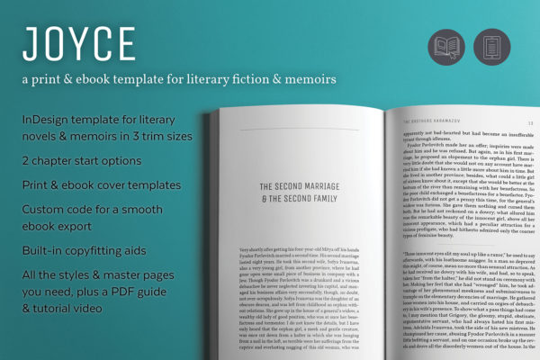 Joyce, Self-publishing Print and Ebook Design Template for Novels and Memoirs. Available in 3 trim sizes.