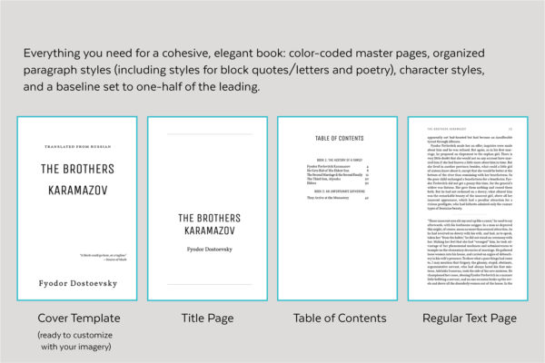 Joyce, Self-publishing Book Design Template for Novels and Memoirs - Cover template, title page, table of contents, and text page.