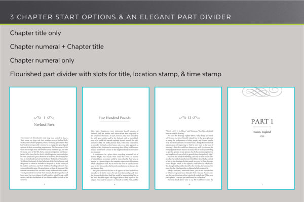 Dashwood, Self-publishing Book Design Template for Historical Romance - three chapter start options and an elegant part divider.