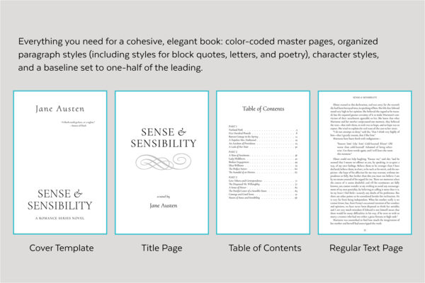 Dashwood, Self-publishing Book Design Template for Historical Romance - Cover Template, title page, table of contents, and text page.
