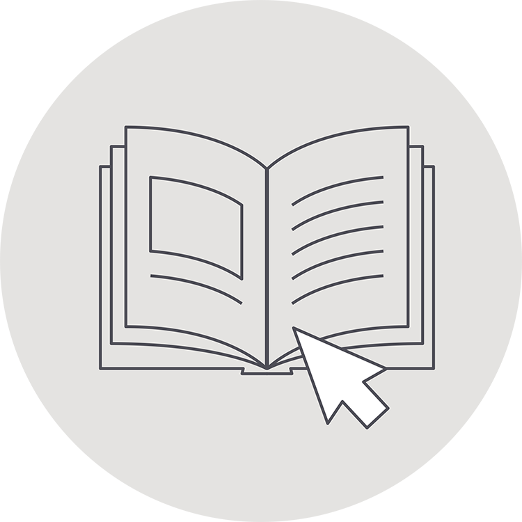 An icon with an open book and a computer cursor. Use a book design template to self-publish.